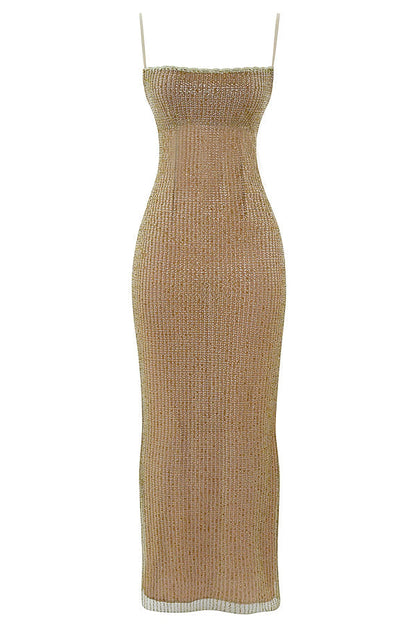 Goldfarbenes Damen Maxi-Kleid Feine Pailletten Glanz