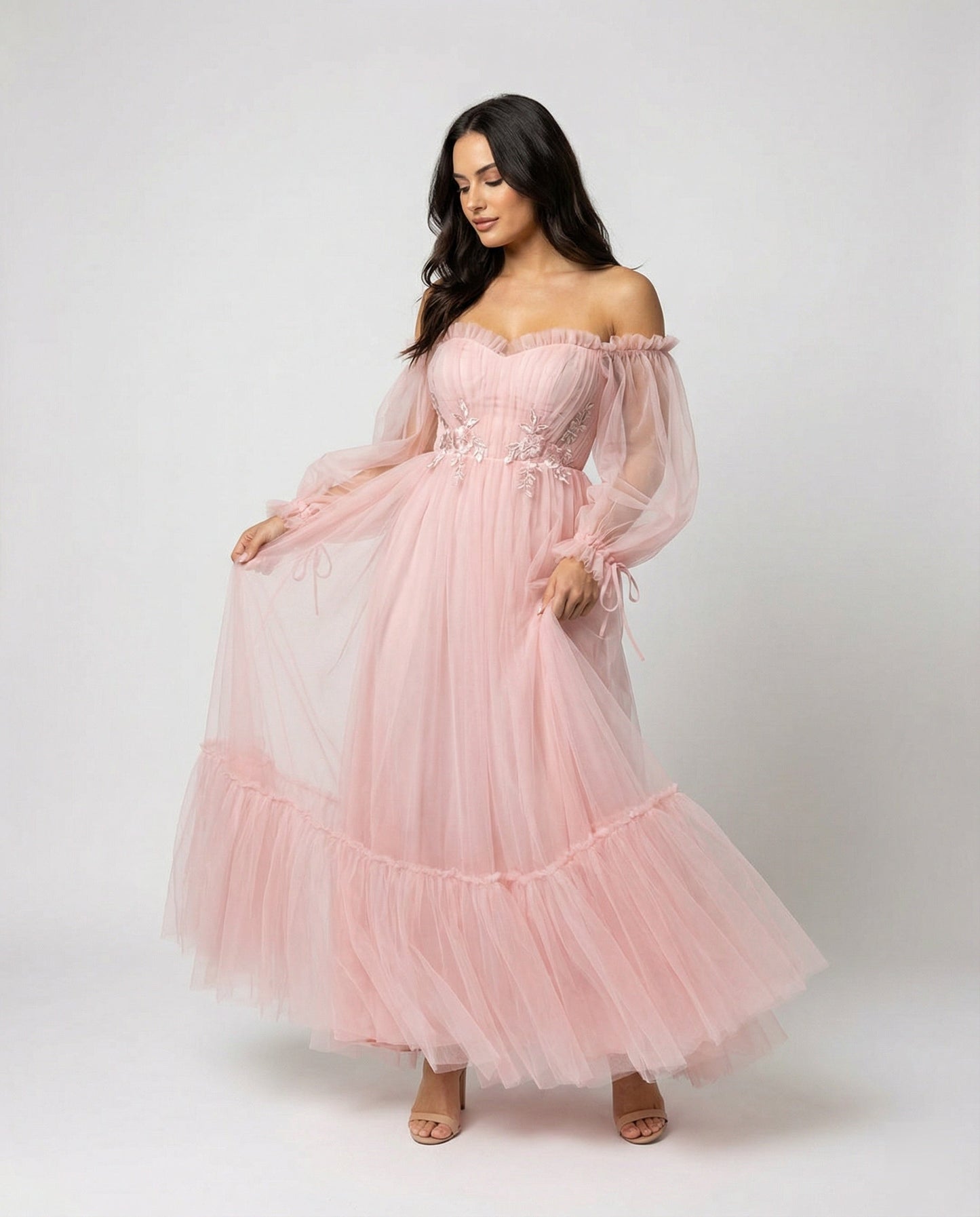 Elegantes Abendkleid Damen Off-Shoulder Einfarbig Patchwork