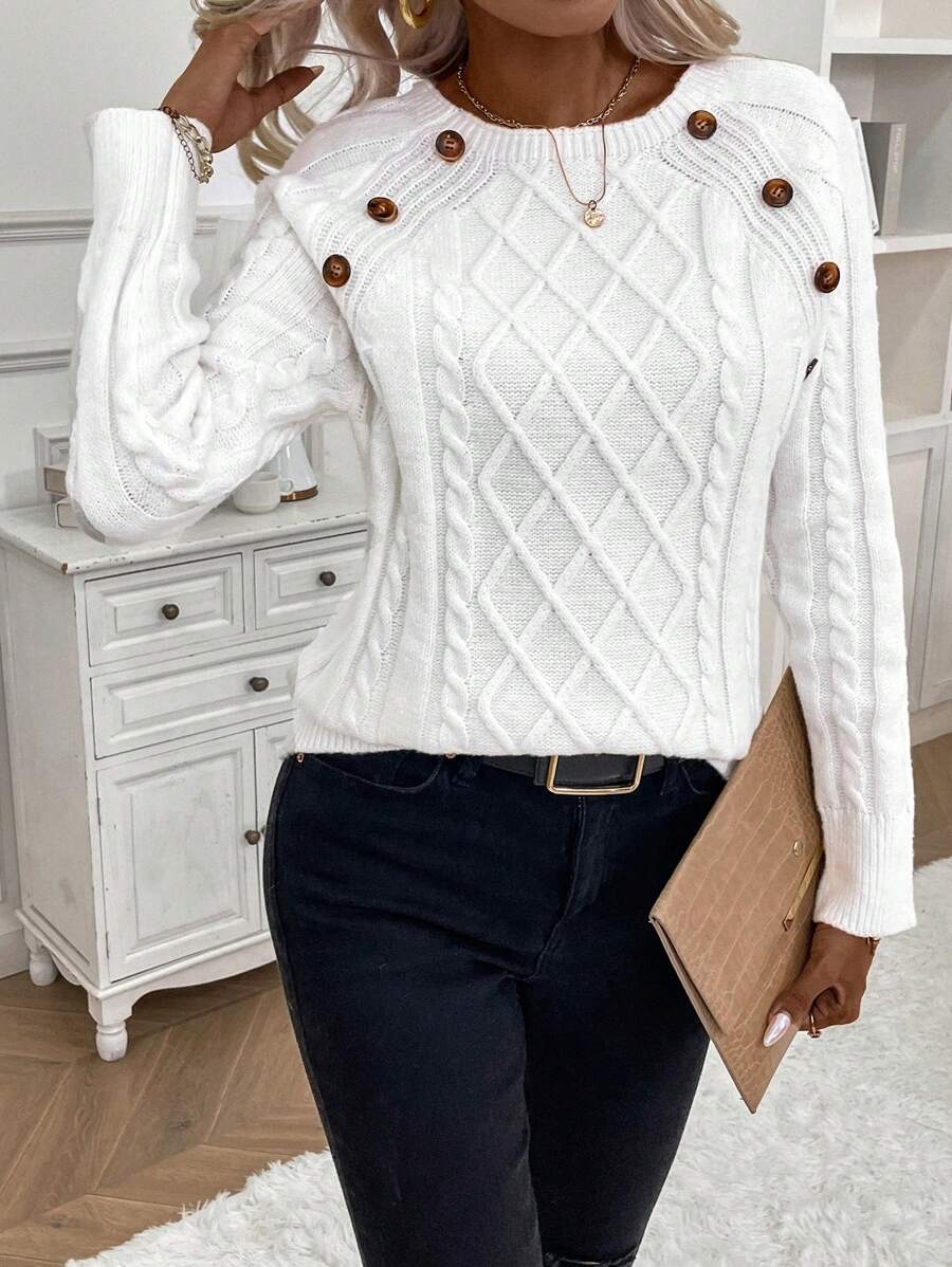 Clara Damenpullover Knopfdetails Zopfmuster