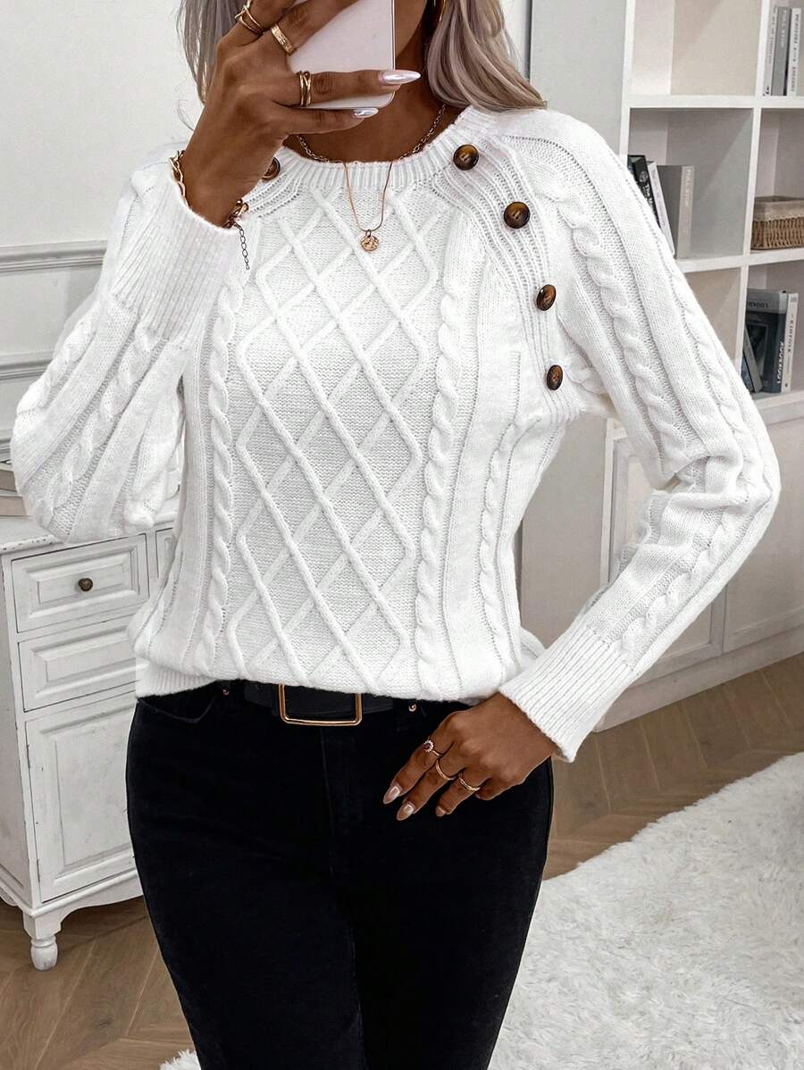 Clara Damenpullover Knopfdetails Zopfmuster