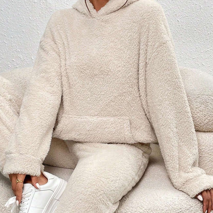 Damen Teddy Fleece Hausanzug 2-teilig mit Kapuze Grau - Norvielle