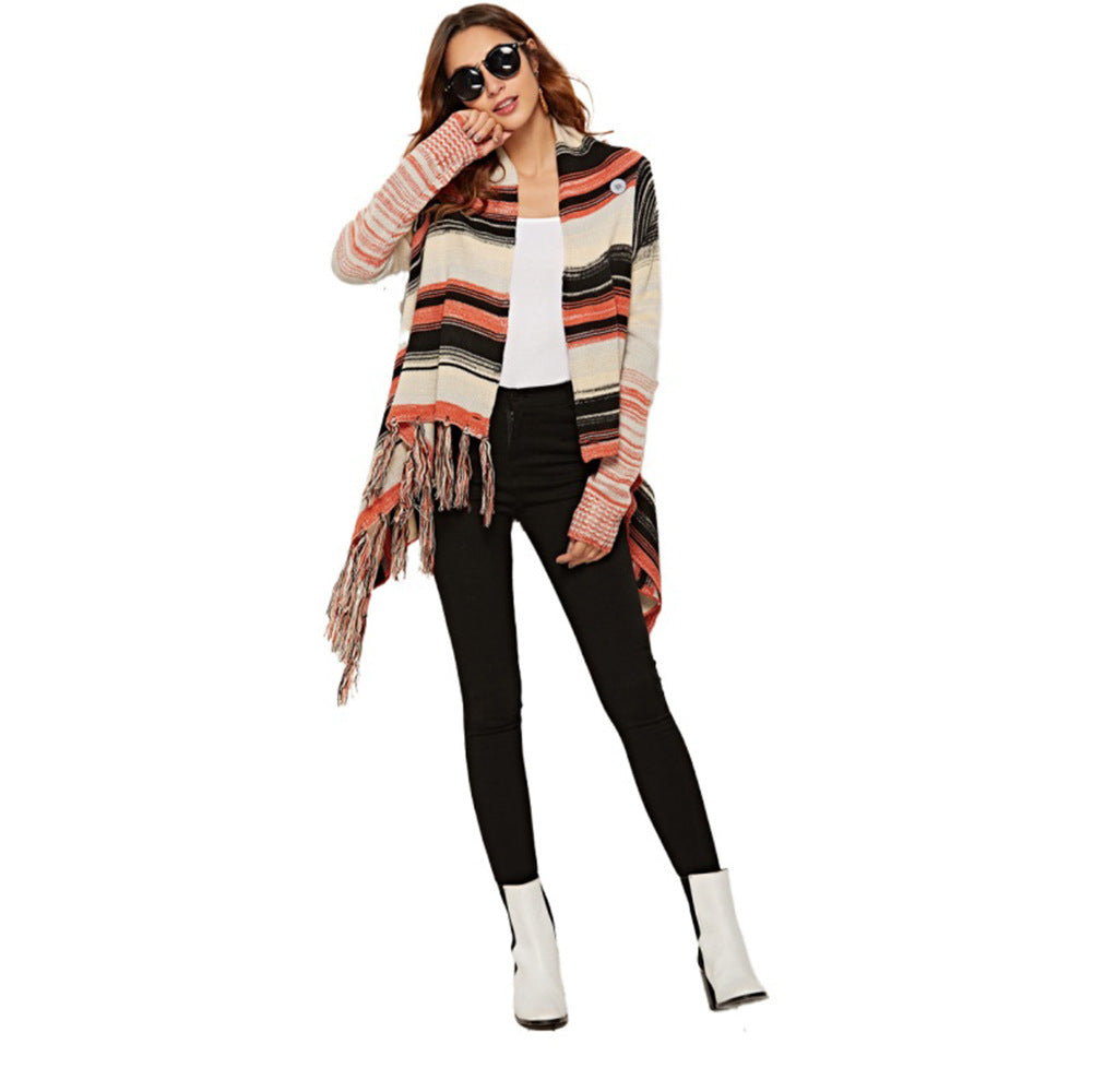 Damen Strickjacke mit Fransen und Streifenmuster