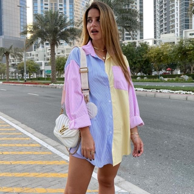 Damen Oversize Bluse Reverskragen Mehrfarbig Streifen