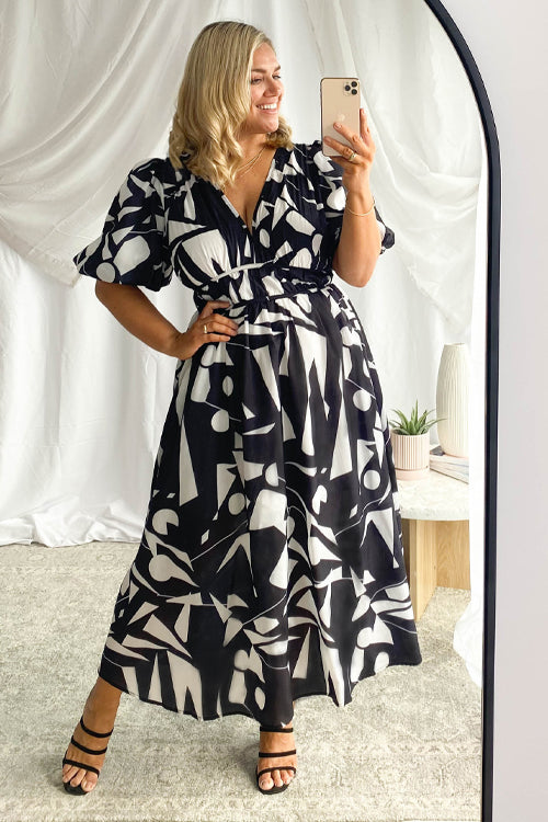 Norvielle Damen Maxi-Kleid Puffärmel Print