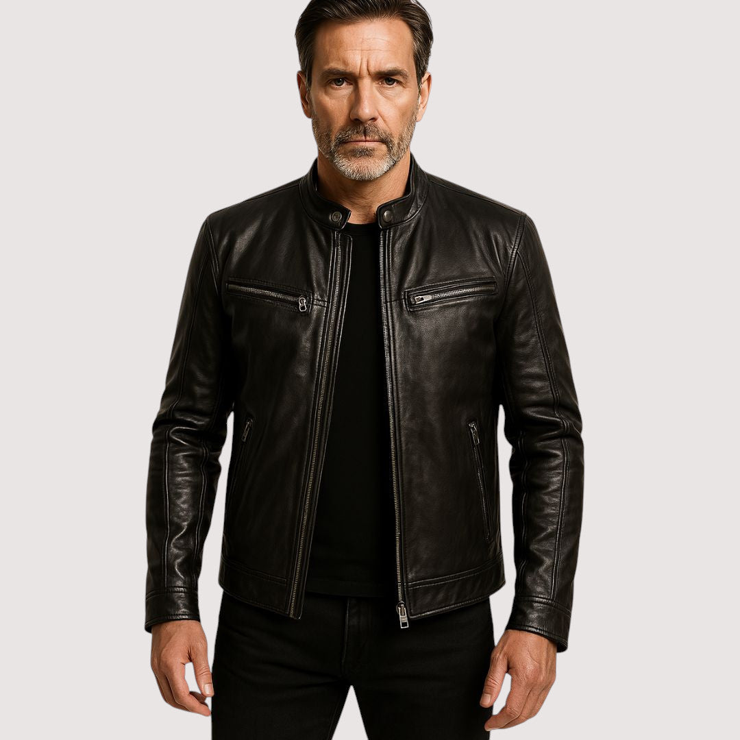 Herren Lederjacke Stehkragen Lederschutzjacke Schwarz - Norvielle