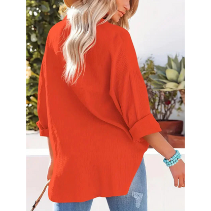 Damen Unifarben Bluse Knopfleiste Hemdkragen Langarm Elegante Bluse