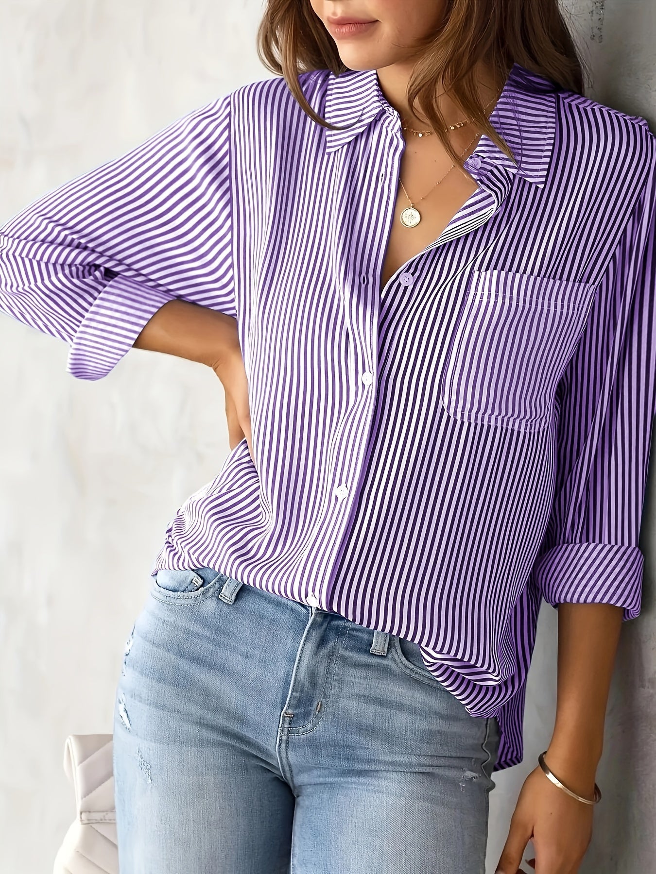 Damen Langarmshirt Streifen Baumwolle Relaxed Fit - Norvielle