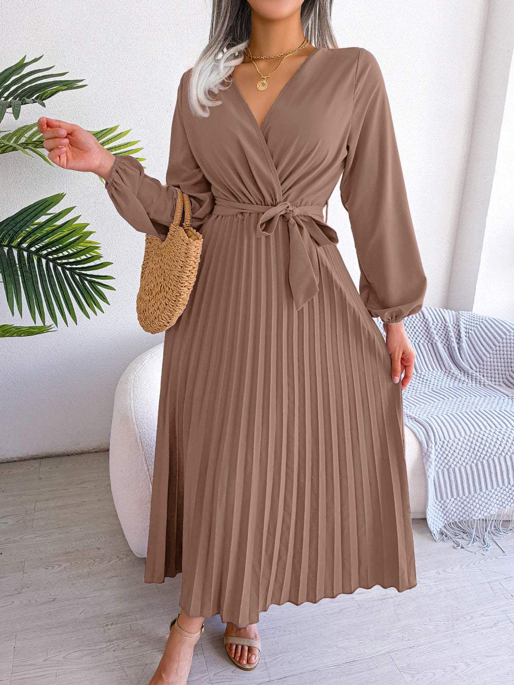 Damen Maxikleid Plissee Gürtel Elegantes