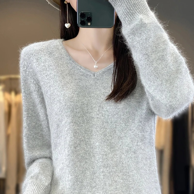 Damen V-Ausschnitt Pullover Leichter Strick
