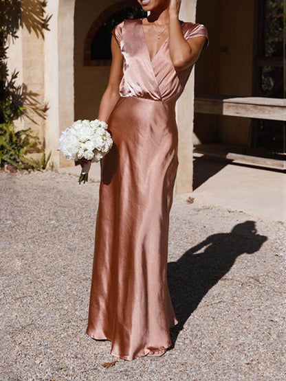Damen Maxikleid Satin Fishtail V-Ausschnitt