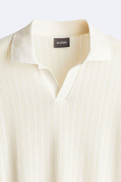 Herren Poloshirt Strick Optisch Elegant Weiß