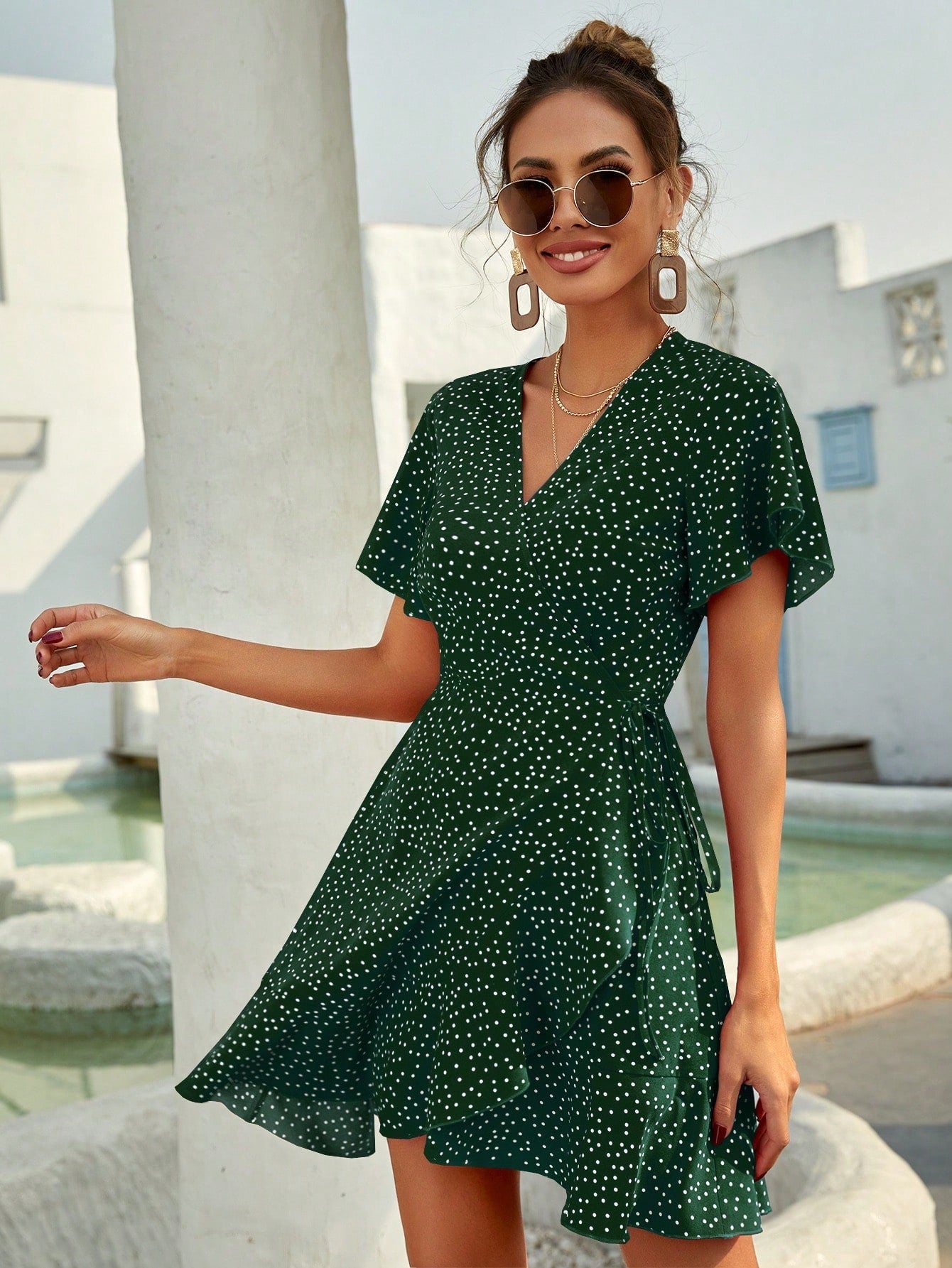 Rotes Wickelkleid mit Punkten Sommer Kurzkleid Damen Volants