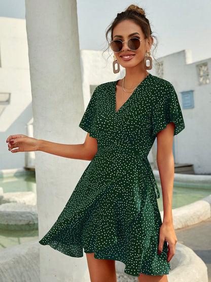 Rotes Wickelkleid mit Punkten Sommer Kurzkleid Damen Volants