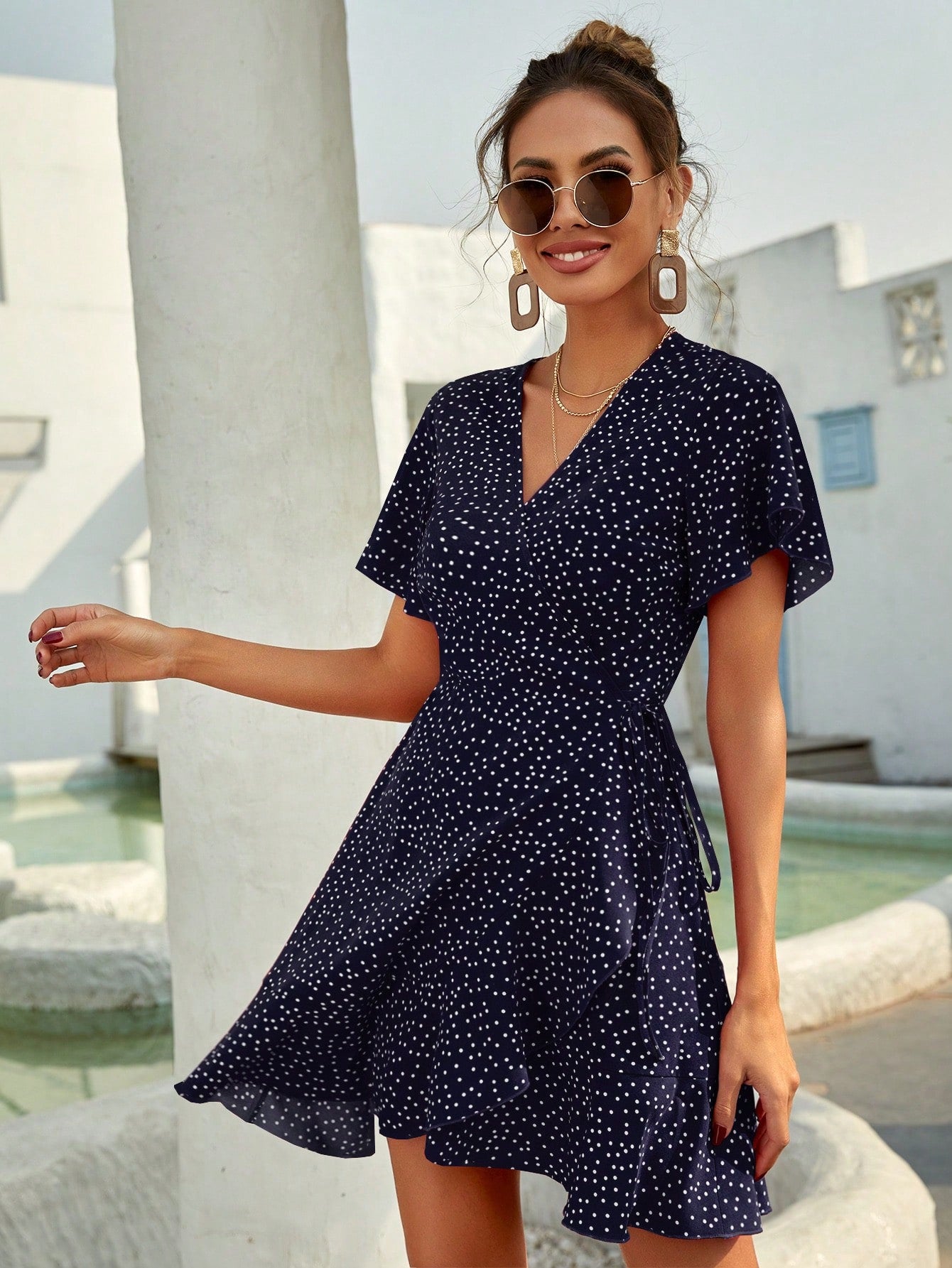 Rotes Wickelkleid mit Punkten Sommer Kurzkleid Damen Volants