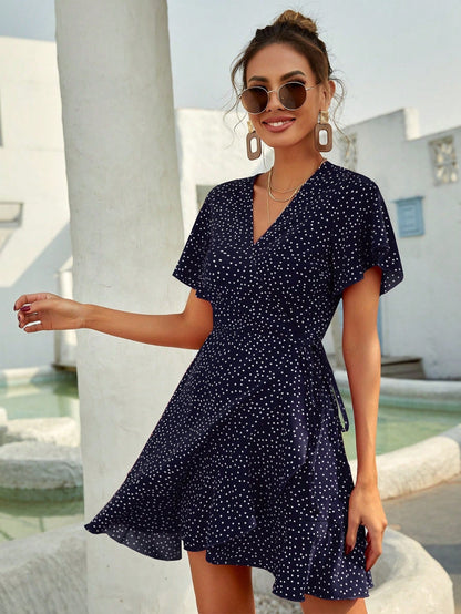 Rotes Wickelkleid mit Punkten Sommer Kurzkleid Damen Volants