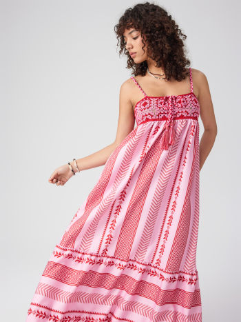 Damen Maxikleid Ethno-Muster Träger V-Ausschnitt