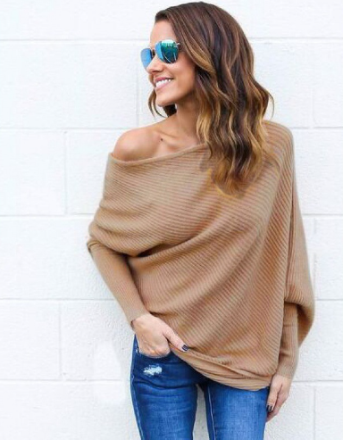 Damen Off-Shoulder Pullover Gerippter Strick Oversized Langärmlig