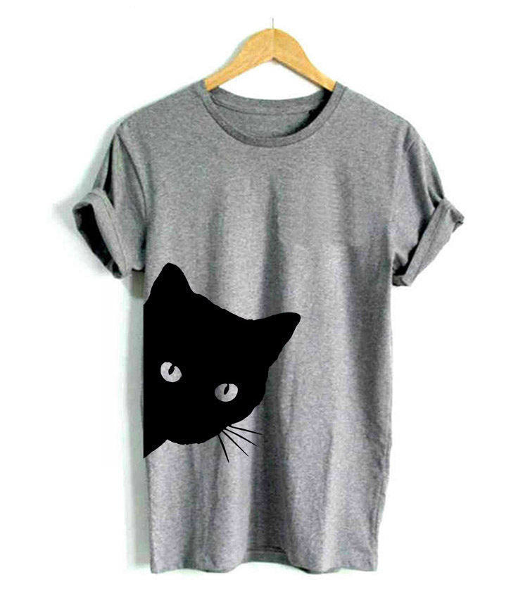 Damen T-Shirt Katzenmotiv Locker Passform Weiß - Norvielle