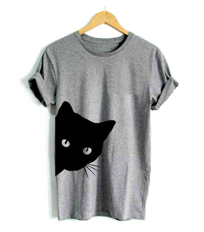 Damen T-Shirt Katzenmotiv Locker Passform Weiß - Norvielle