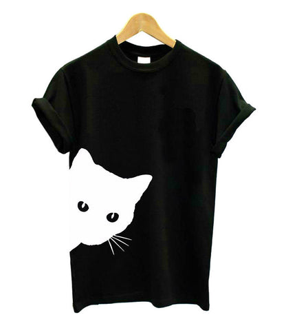 Damen T-Shirt Katzenmotiv Locker Passform Weiß