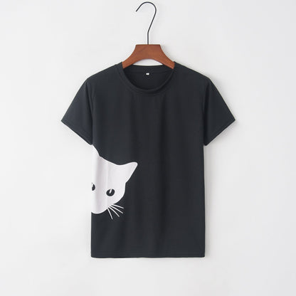 Damen T-Shirt Katzenmotiv Locker Passform Weiß