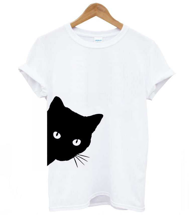 Damen T-Shirt Katzenmotiv Locker Passform Weiß