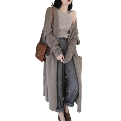 Damen Strickcardigan Lang Weich Mit Taschen Beige