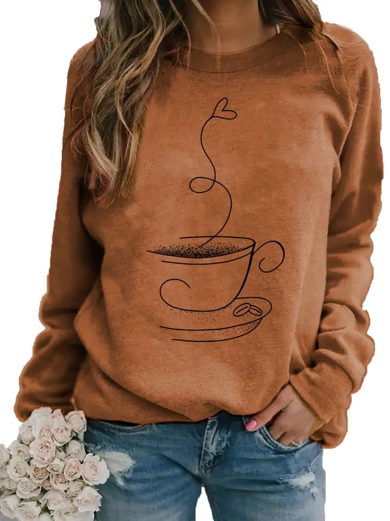 Norvielle Damen Sweatshirt Kaffee Grafik Baumwolle Beige - Norvielle