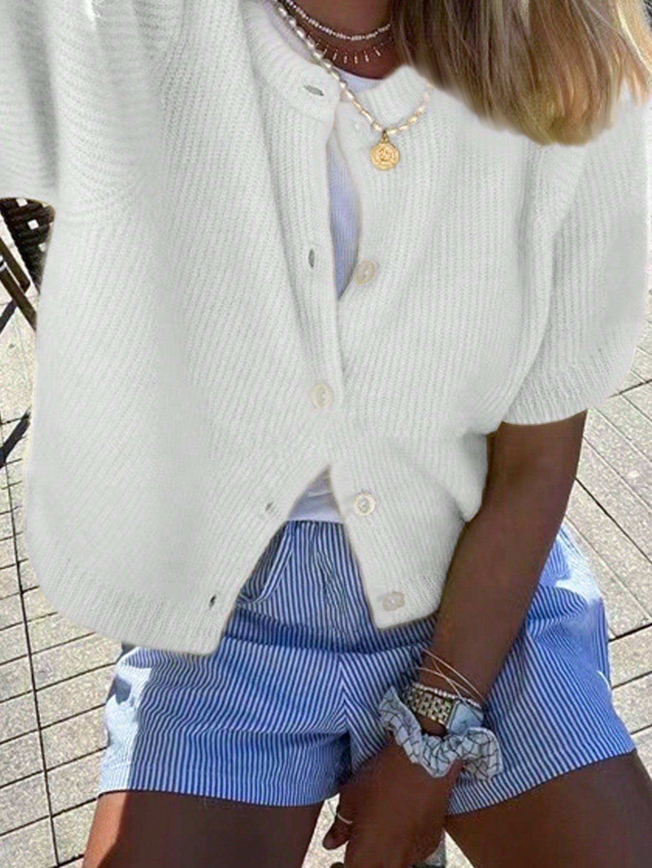 Damen Strick-Cardigan Kurzärmelig Leicht Beige