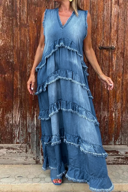 Ärmelloses Denim-Kleid V-Ausschnitt Rüsche Zerrissen //Weiß