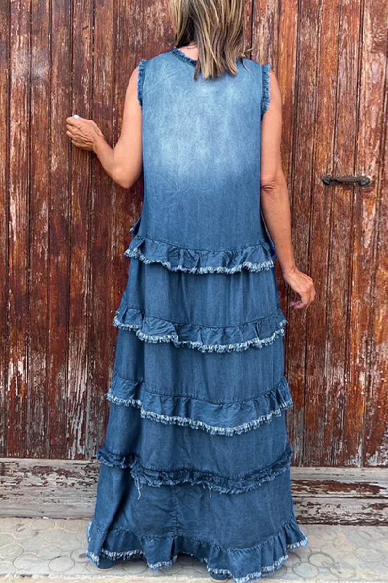Ärmelloses Denim-Kleid V-Ausschnitt Rüsche Zerrissen Blau/Schwarz/Weiß - Norvielle