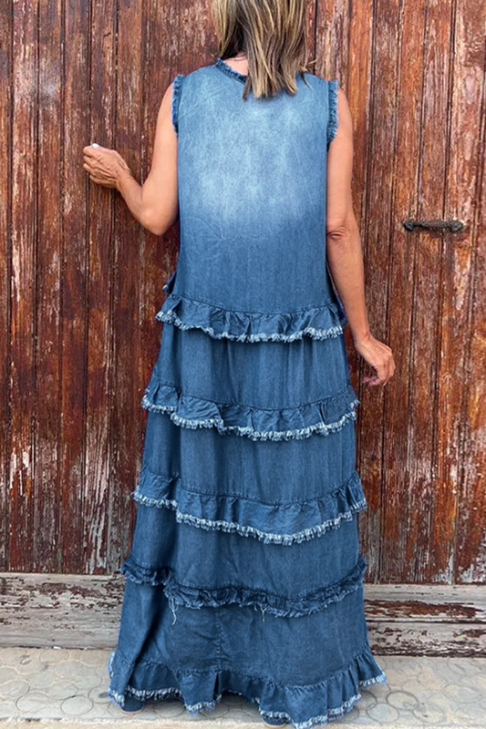 Ärmelloses Denim-Kleid V-Ausschnitt Rüsche Zerrissen Blau/Schwarz/Weiß - Norvielle