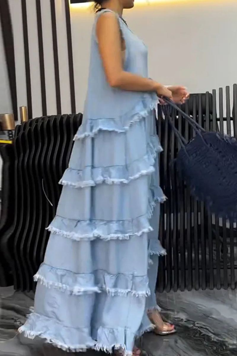 Ärmelloses Denim-Kleid V-Ausschnitt Rüsche Zerrissen //Weiß