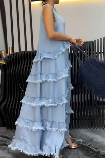 Ärmelloses Denim-Kleid V-Ausschnitt Rüsche Zerrissen //Weiß