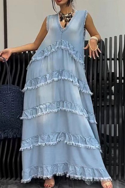 Ärmelloses Denim-Kleid V-Ausschnitt Rüsche Zerrissen //Weiß