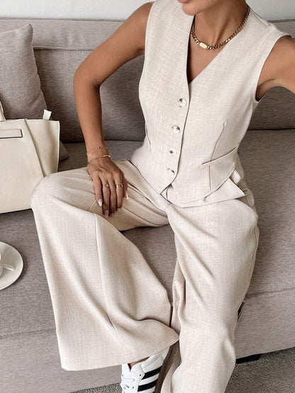 Damen Zweiteiler Weste Palazzo-Hose Elegantes Outfit