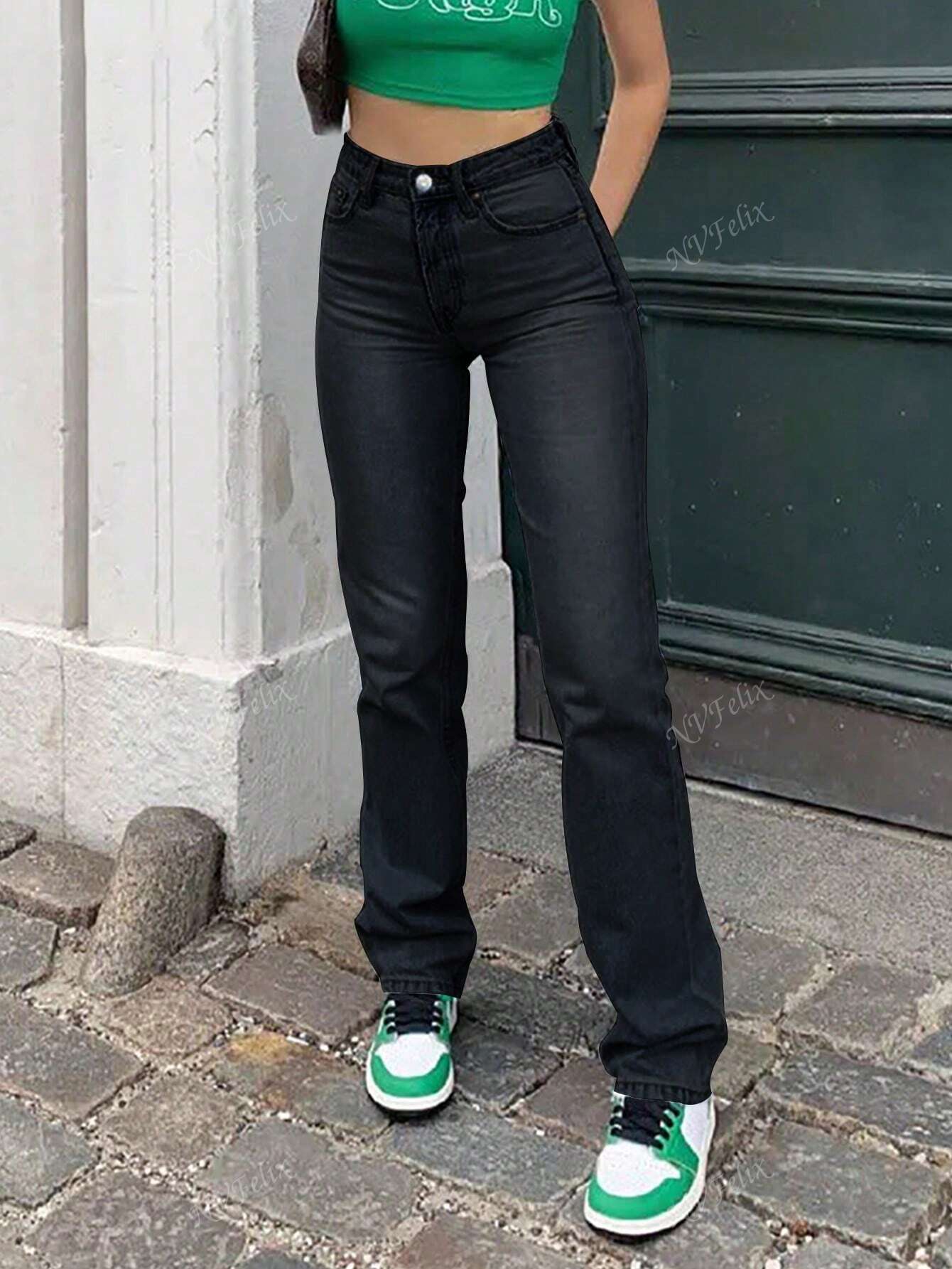 Hohe Taille Jeans Straight Leg Damen Baumwolle