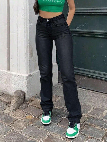 Hohe Taille Jeans Straight Leg Damen Baumwolle