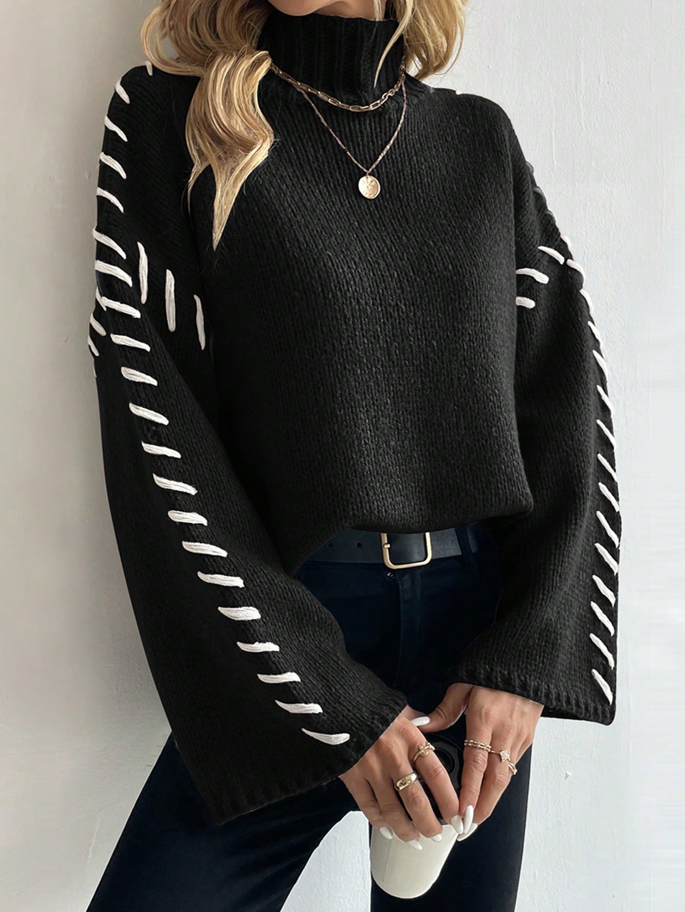 Norvielle Damen Strickpullover Patchwork Rollkragen