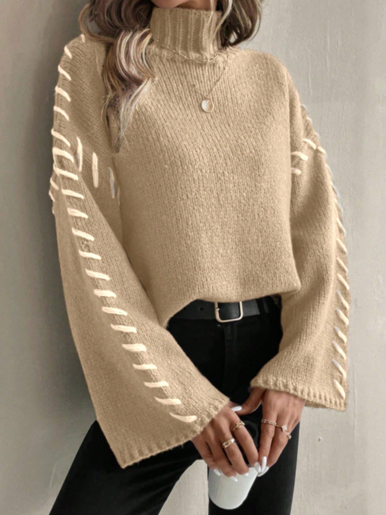 Norvielle Damen Strickpullover Patchwork Rollkragen