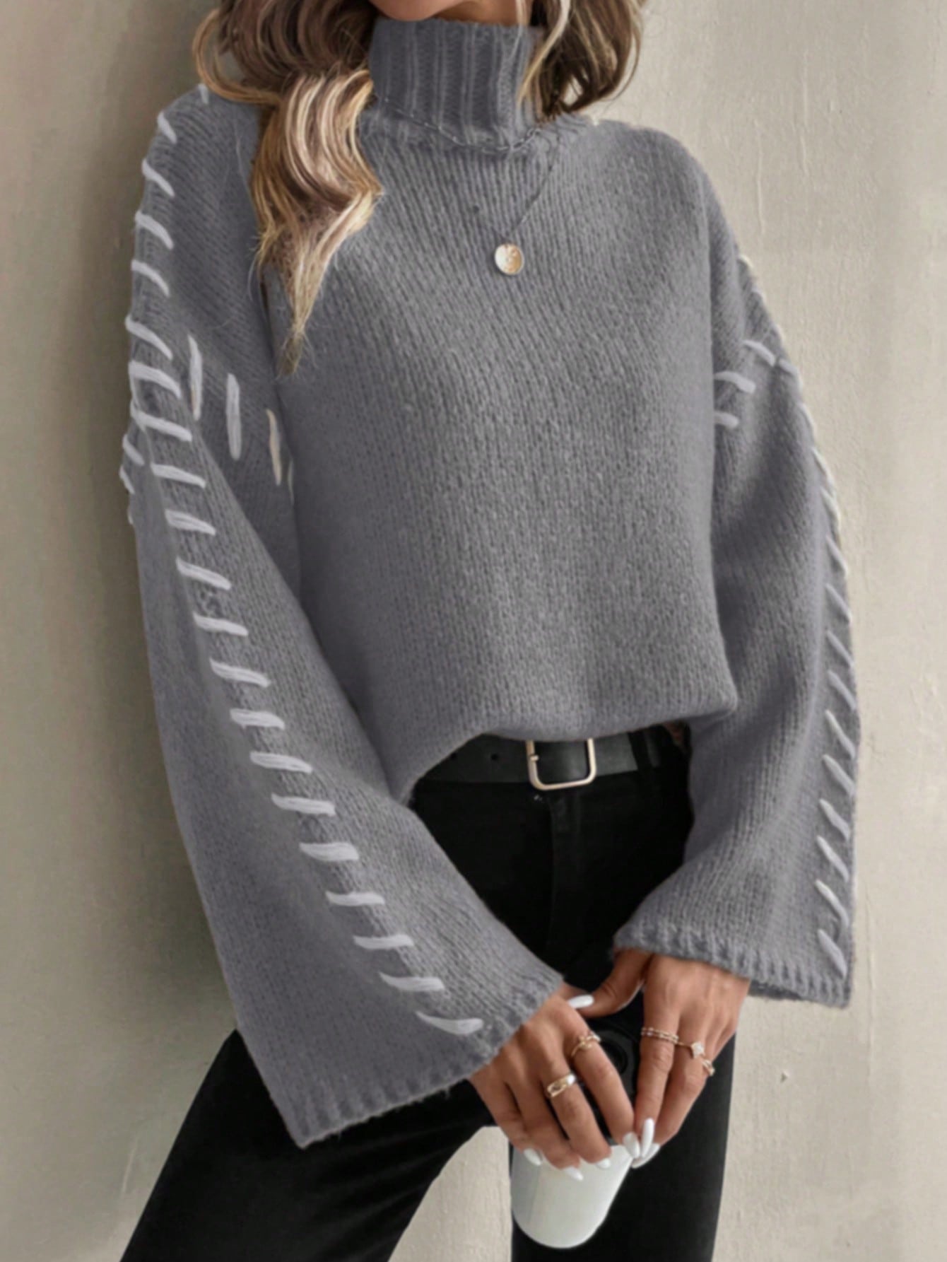 Norvielle Damen Strickpullover Patchwork Rollkragen