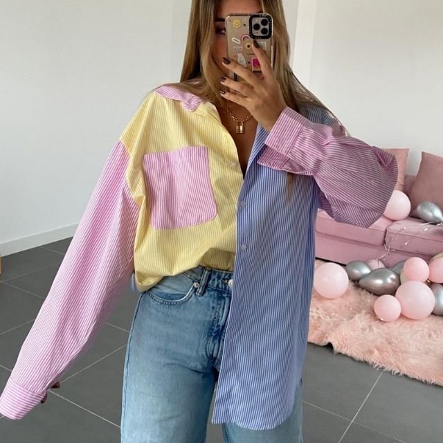 Damen Oversize Bluse Reverskragen Mehrfarbig Streifen