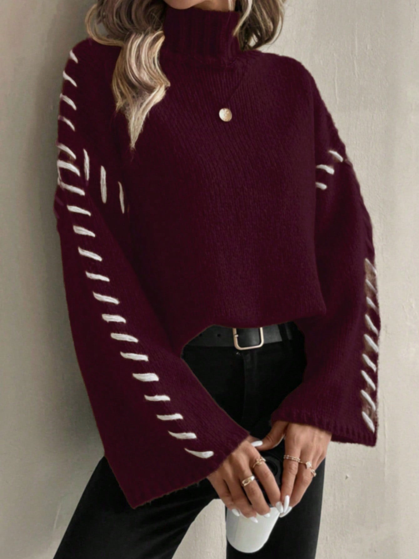 Norvielle Damen Strickpullover Patchwork Rollkragen