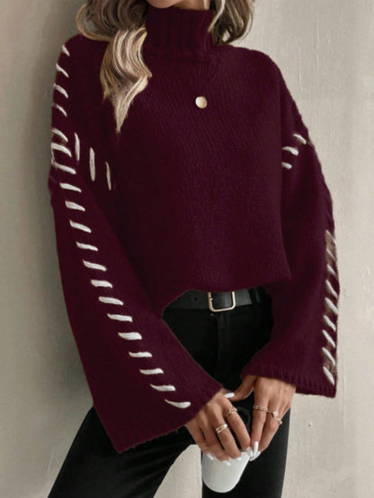 Norvielle Damen Strickpullover Patchwork Rollkragen
