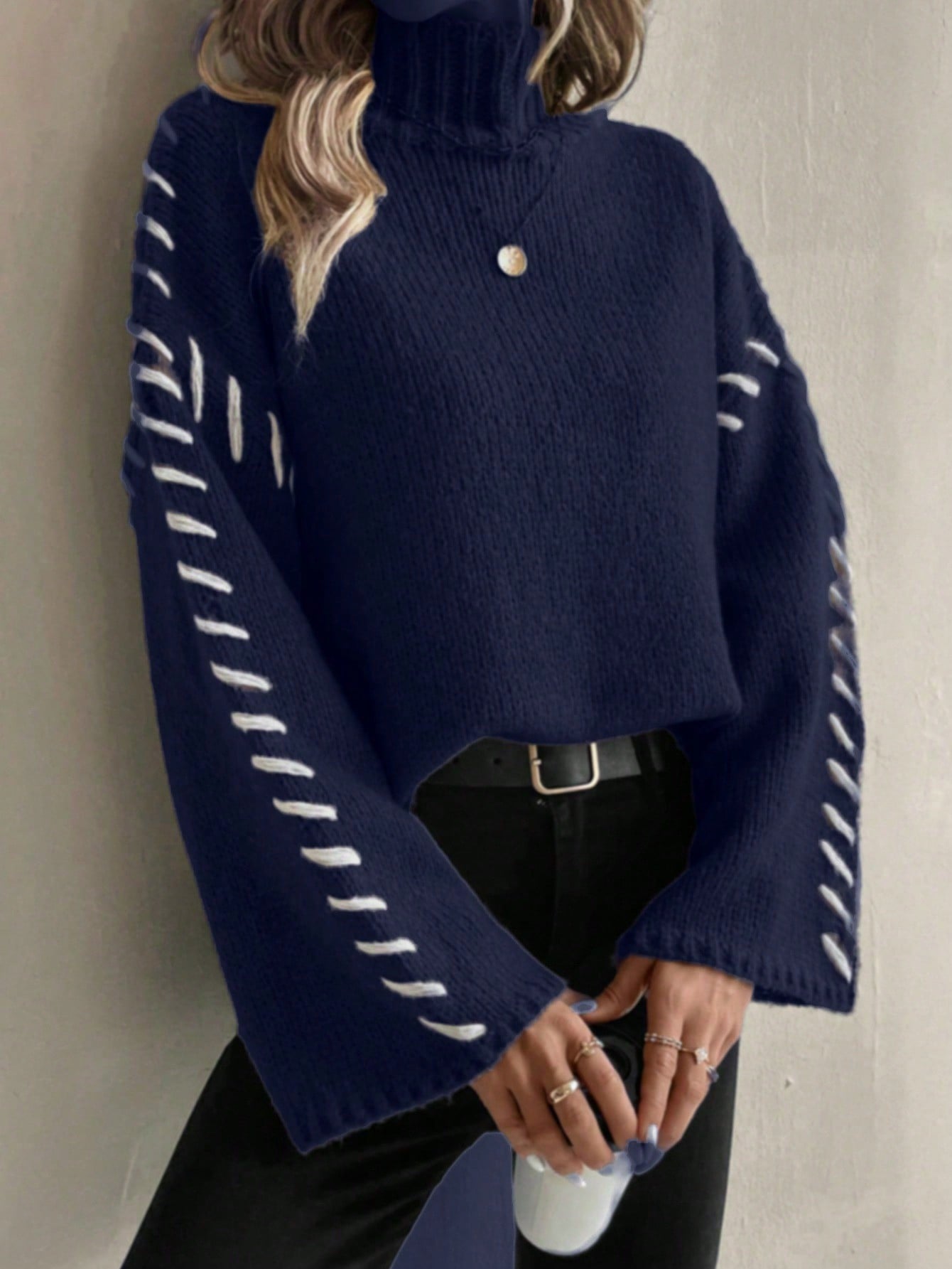 Norvielle Damen Strickpullover Patchwork Rollkragen