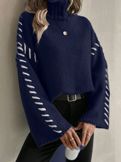 Norvielle Damen Strickpullover Patchwork Rollkragen