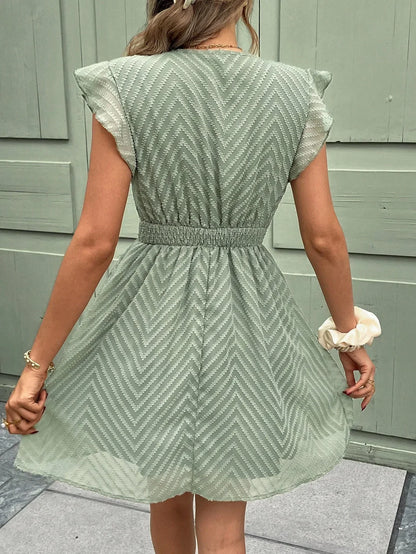 Damen Sommerkleid V-Ausschnitt Häkelrand Kurzarm Luftschnell