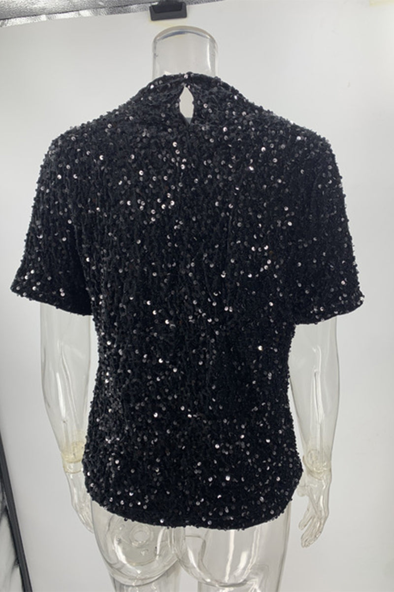 Norvielle Damen T-Shirt Pailletten O-Ausschnitt Glitzer