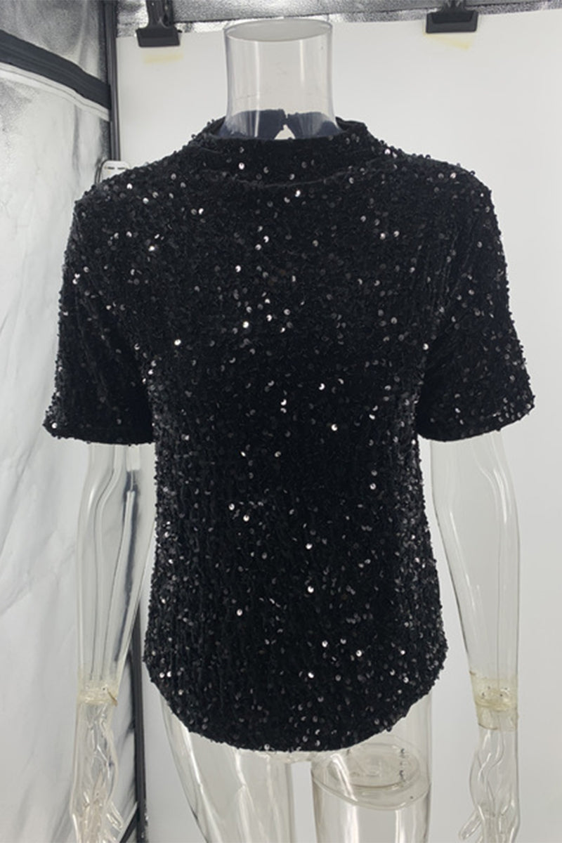 Norvielle Damen T-Shirt Pailletten O-Ausschnitt Glitzer