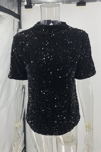 Norvielle Damen T-Shirt Pailletten O-Ausschnitt Glitzer